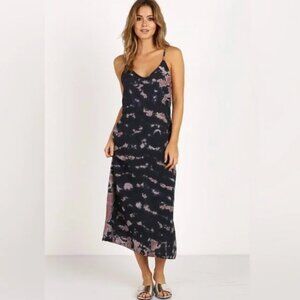 Lacausa Womens Sleeveless V Neck Tie Dyed Midi Dress Black with Rose Hues.